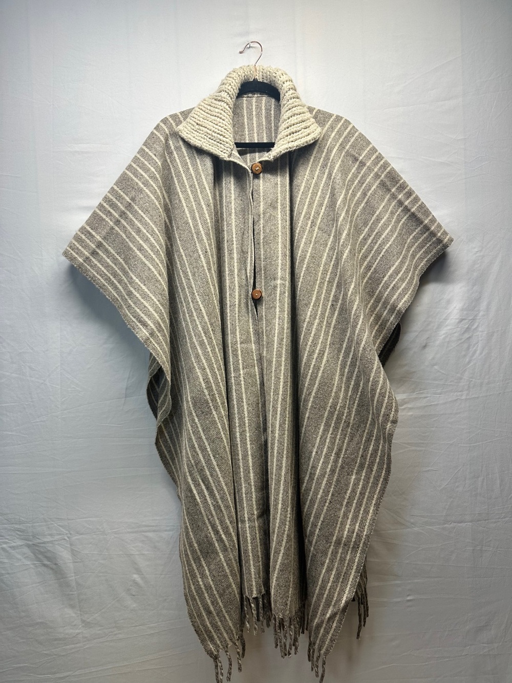 Taupe Tan & Cream Striped  Wool Knit Poncho Sweater with Shawl Collar